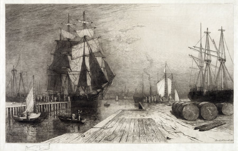 Return of the Whaler, etching with ships and dock, circa late 1800s.